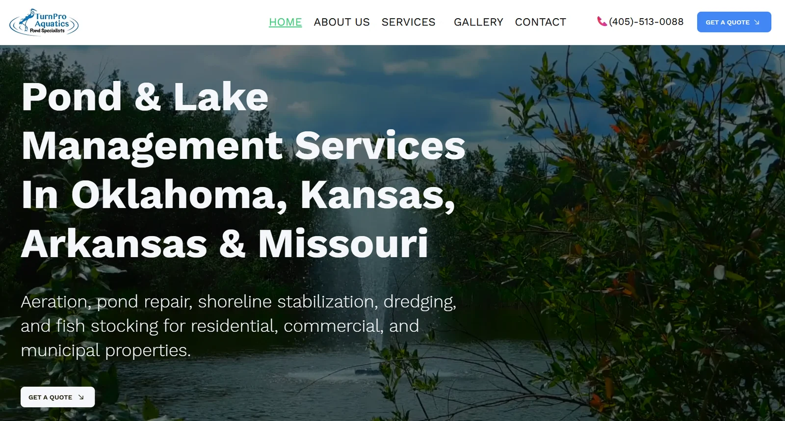 TurnPro Aquatics homepage featuring its pond and lake management services